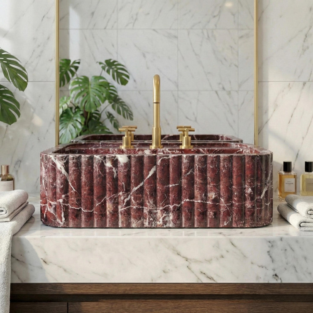 Handmade Fluted Red Marble Sink, Elazig Cherry Marble Sink, Handcrafted Natural Stone Basin For Bathroom