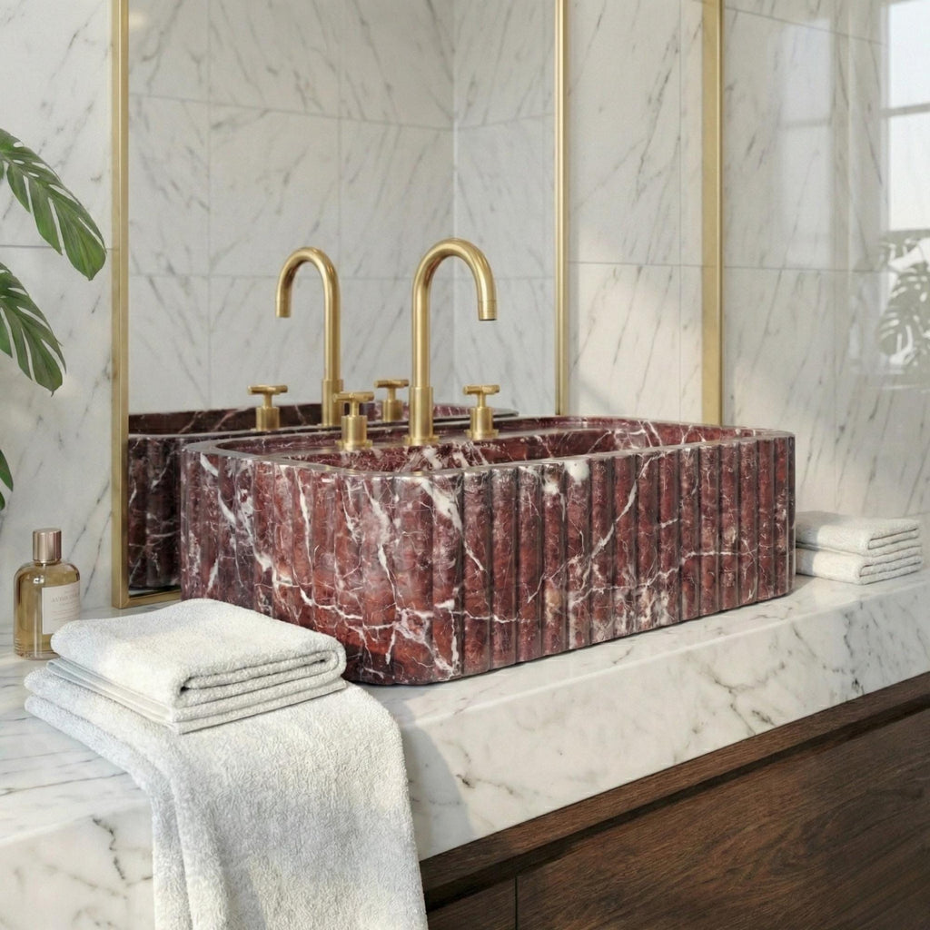 Handmade Fluted Red Marble Sink, Elazig Cherry Marble Sink, Handcrafted Natural Stone Basin For Bathroom
