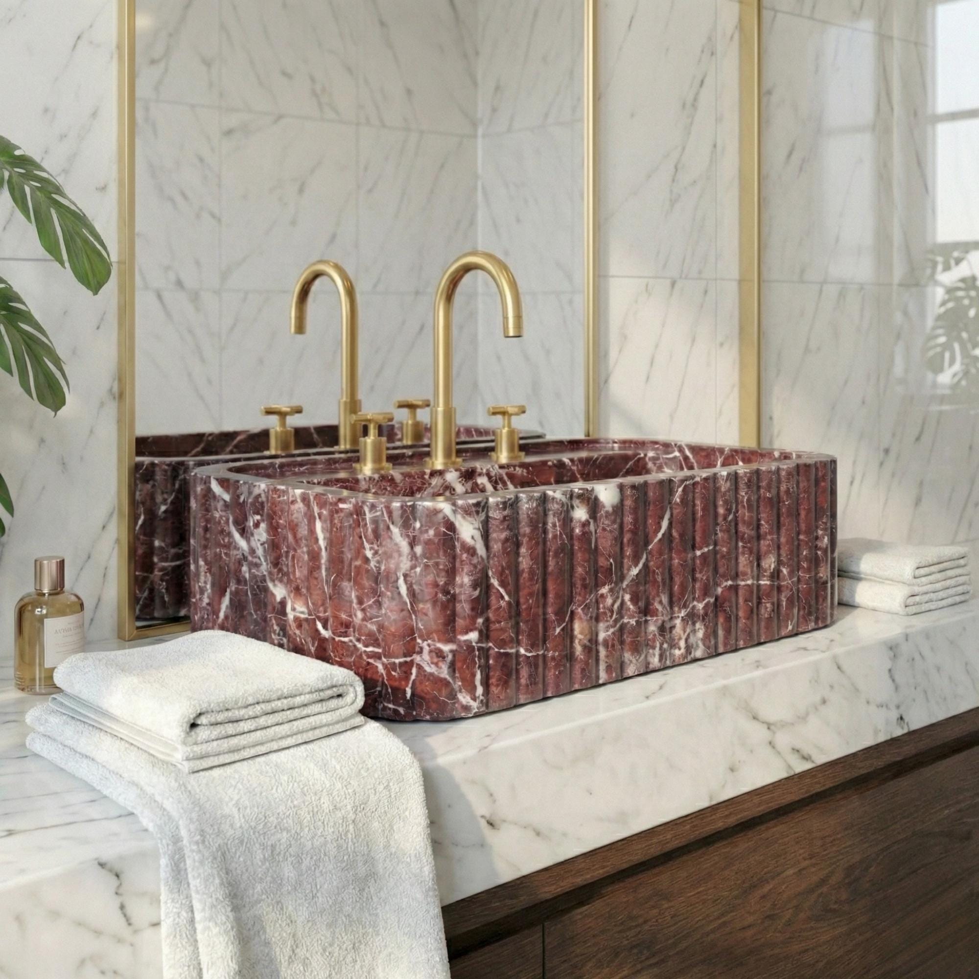 Handmade Fluted Red Marble Sink, Elazig Cherry Marble Sink, Handcrafted Natural Stone Basin For Bathroom