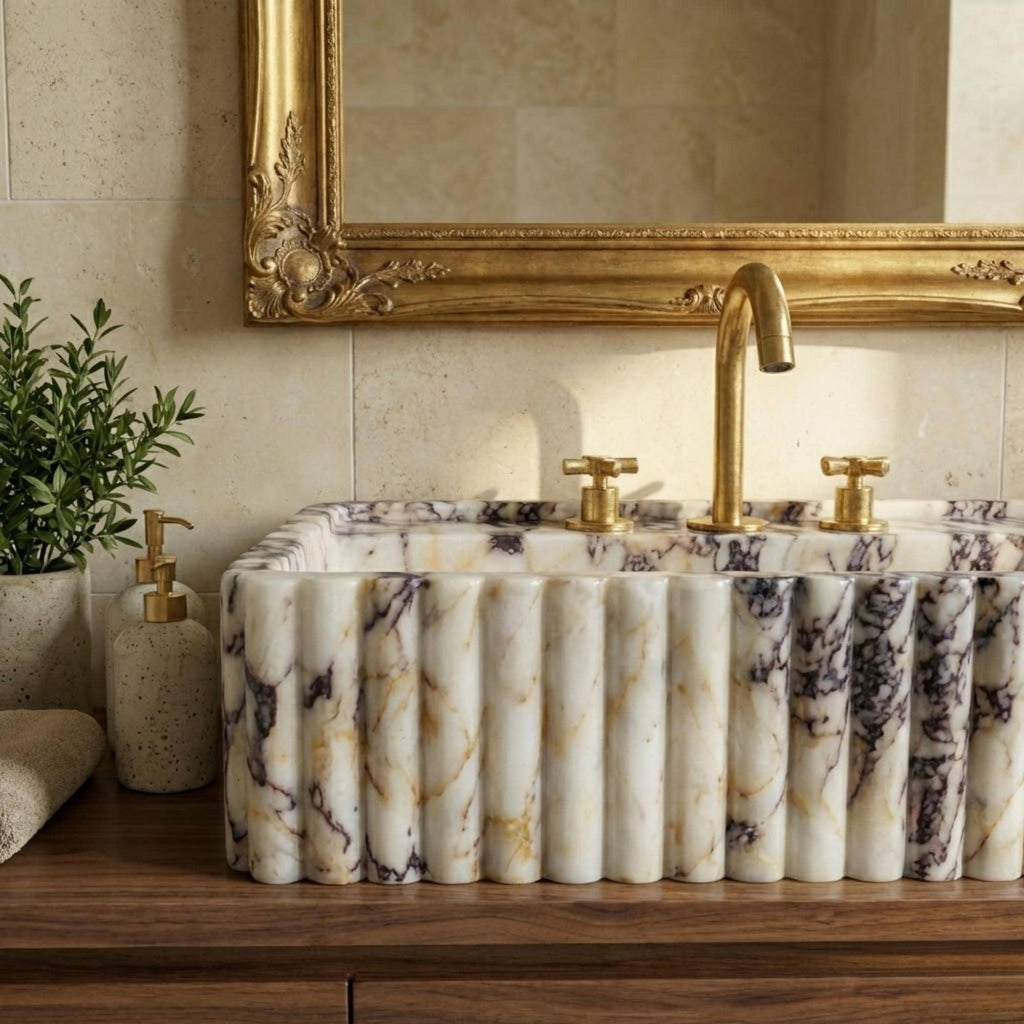 Marble Sink Calacatta Viola, Grooved Ribbed Stone Wallmount Bathroom Sink, Handcarved Sink, Marble Washbasin, Natural Stone