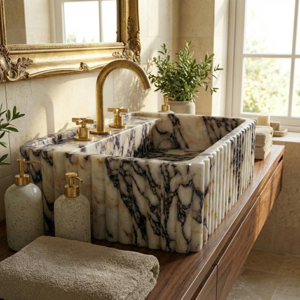 Marble Sink Calacatta Viola, Grooved Ribbed Stone Wallmount Bathroom Sink, Handcarved Sink, Marble Washbasin, Natural Stone