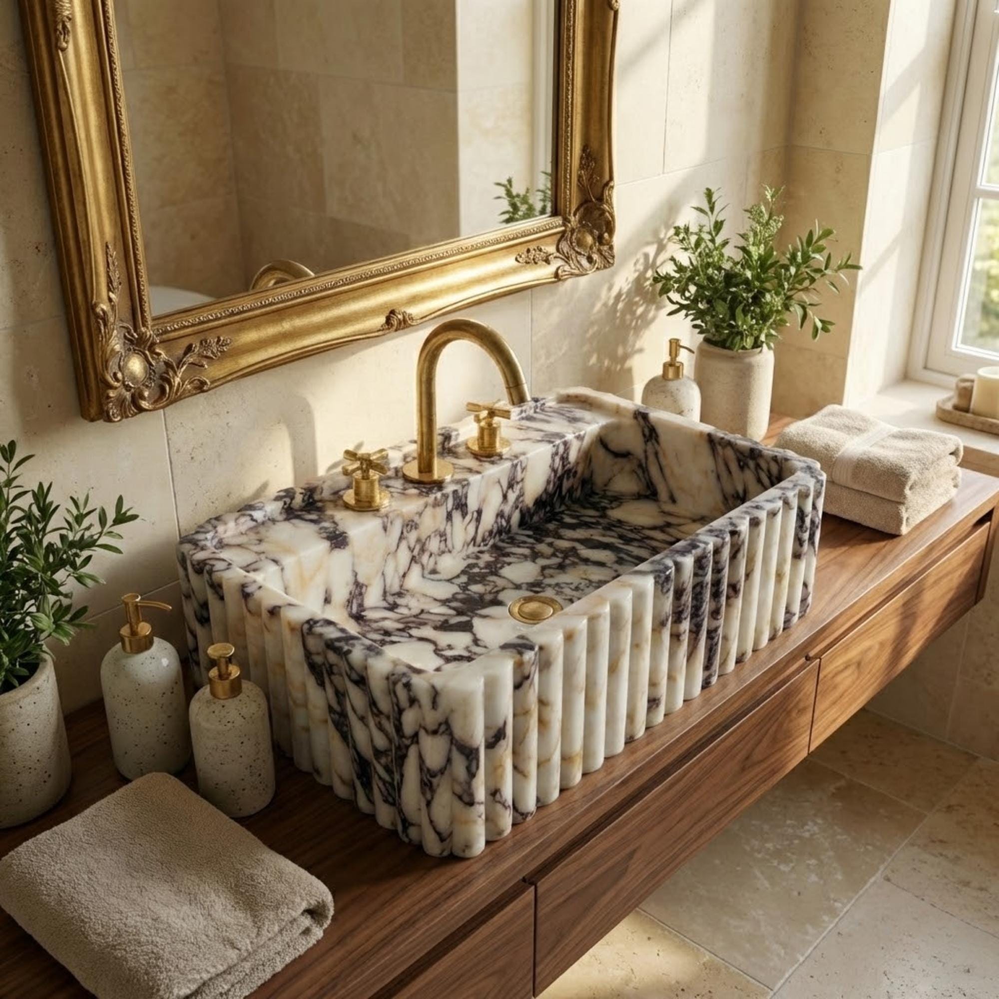 Marble Sink Calacatta Viola, Grooved Ribbed Stone Wallmount Bathroom Sink, Handcarved Sink, Marble Washbasin, Natural Stone
