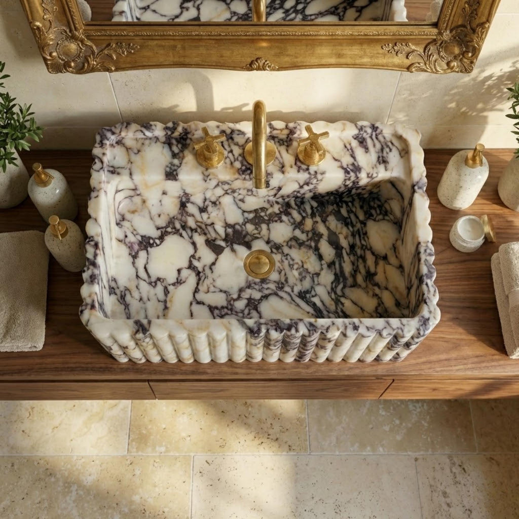Marble Sink Calacatta Viola, Grooved Ribbed Stone Wallmount Bathroom Sink, Handcarved Sink, Marble Washbasin, Natural Stone