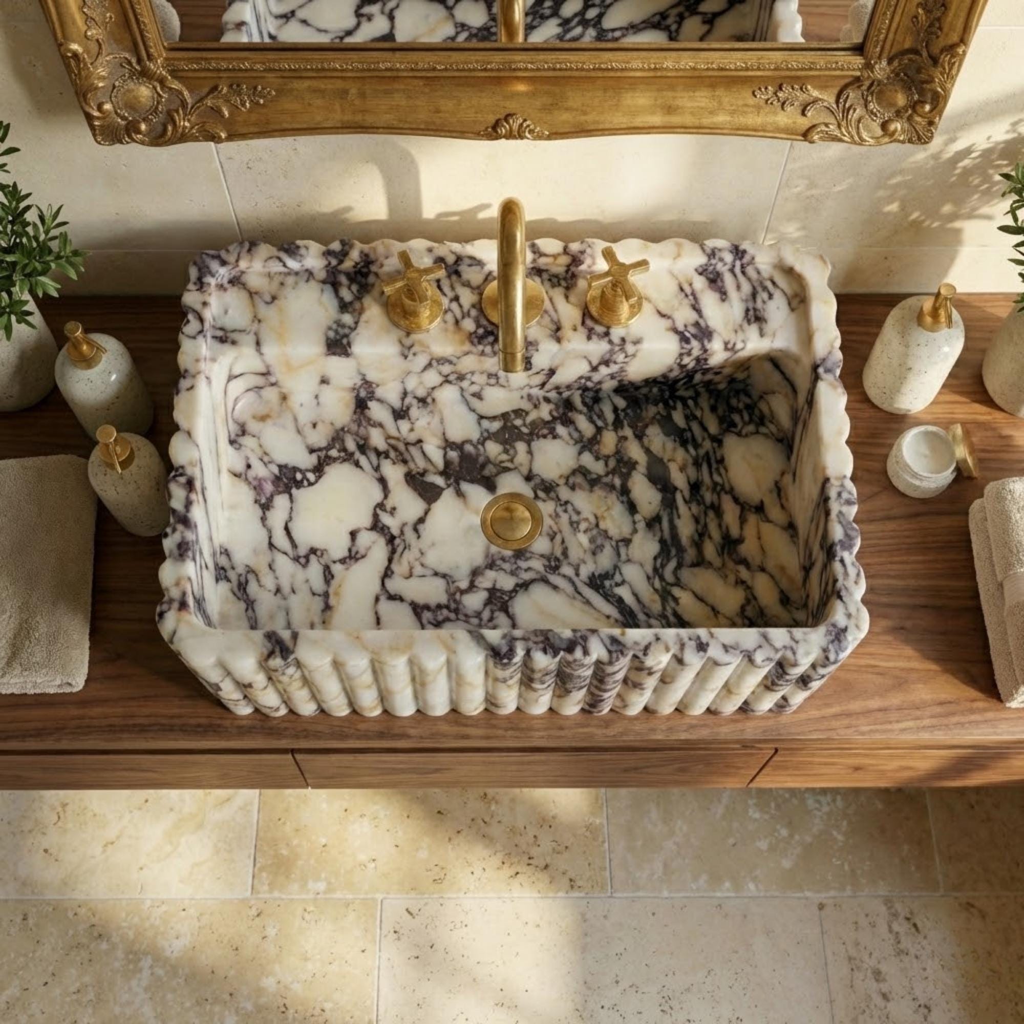 Marble Sink Calacatta Viola, Grooved Ribbed Stone Wallmount Bathroom Sink, Handcarved Sink, Marble Washbasin, Natural Stone
